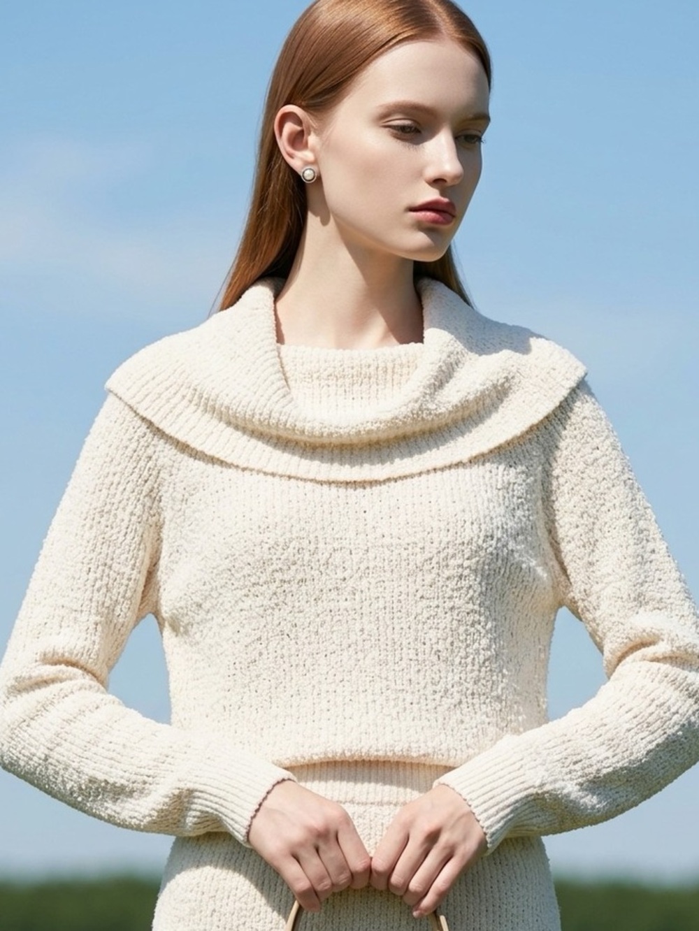 Free People Cream Bouclé Cowl-Neck Sweater